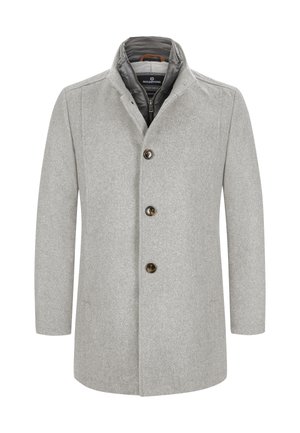 Grau melierter Wollmischmantel mit klassischem Kragen, dreiknöpfiger Front und subtiler Textur. Verfügt über ein weiches Innenfutter für zusätzliche Wärme.