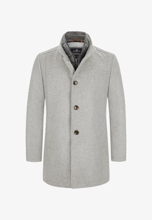 Grau melierter Wollmischmantel mit klassischem Kragen, dreiknöpfiger Front und subtiler Textur. Verfügt über ein weiches Innenfutter für zusätzliche Wärme.