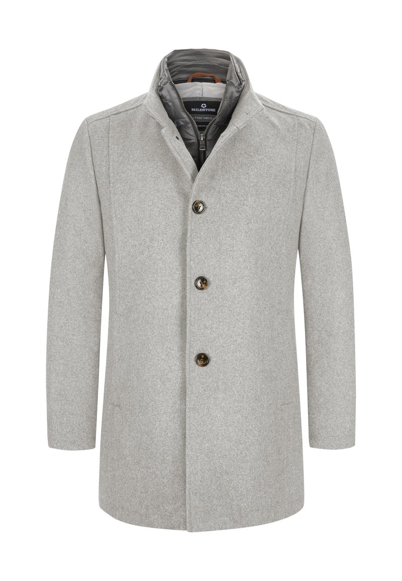 Grau melierter Wollmischmantel mit klassischem Kragen, dreiknöpfiger Front und subtiler Textur. Verfügt über ein weiches Innenfutter für zusätzliche Wärme.