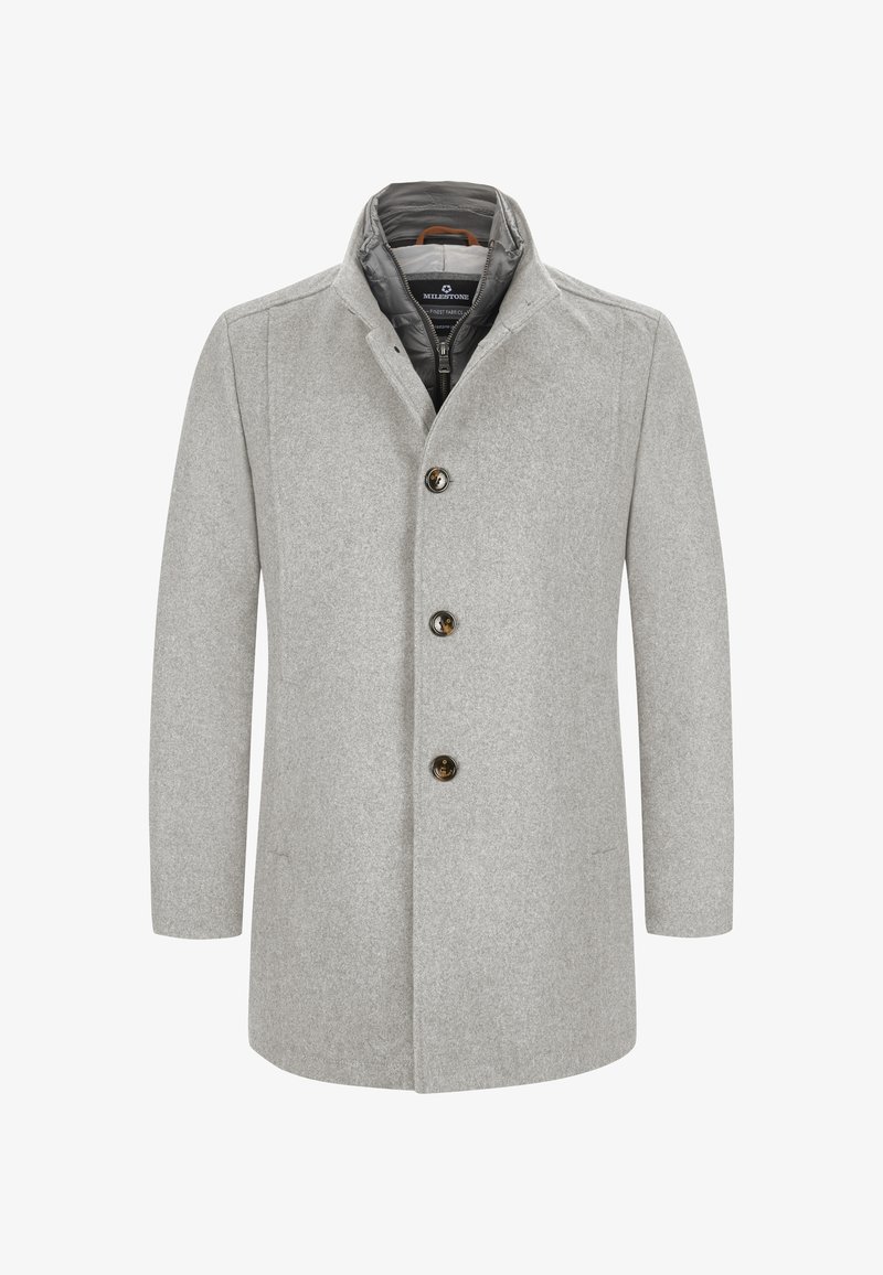 Grau melierter Wollmischmantel mit klassischem Kragen, dreiknöpfiger Front und subtiler Textur. Verfügt über ein weiches Innenfutter für zusätzliche Wärme.