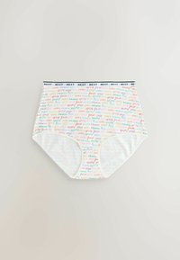Culotte taille haute blanche avec des noms de fruits français multicolores imprimés partout et une ceinture blanche portant l'inscription "NEXT" en noir.