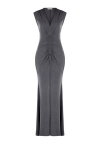 Langes, ärmelloses Kleid aus metallisch grauem Stoff. Es hat einen V-Ausschnitt und Raffungen an der Taille mit einer fließenden Rocksilhouette.