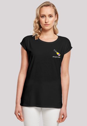 Black short-sleeve T-shirt with a round neck, featuring a graphic design of a champagne bottle and "#PARTYTIME" in white text.