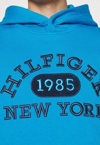 Felpa blu con cappuccio caratterizzata da testo ricamato "HILFIGER NEW YORK" e "1985" con una texture liscia. Dettagli in blu scuro e blu chiaro.