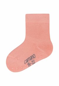 Hellrosa Socke für Kleinkinder mit geripptem Saum, glatter Textur und grauem Etikett, das "camano" sowie die Größenangaben enthält. Rutschfeste Grip-Punkte auf der Unterseite.