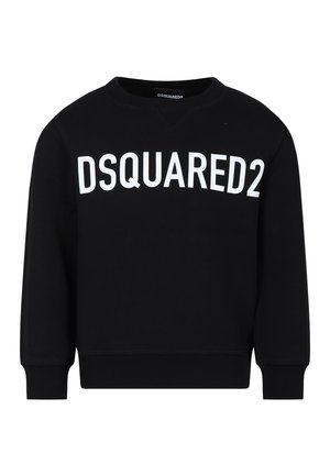 Sweatshirt noir en tissu doux, avec un col rond et des manches longues. L'avant est orné d'un grand lettrage blanc "DSQUARED2".