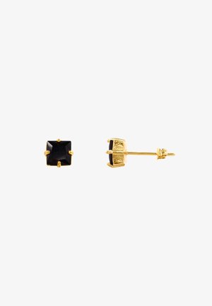 Gold-tone stud earrings with square black stones, featuring four prong settings and a textured backing. Simple geometric design.