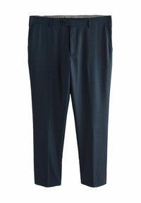 Pantalon bleu marine foncé en tissu lisse et léger ; comprend une poche avant, une ceinture avec passants et une fermeture à bouton.