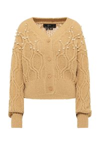 Cardigan bej tricotat cu decolteu în V, având accente de perle rotunde și un design de tricot cu cabluri, cinci butoane și manșete și margine cu nervuri.