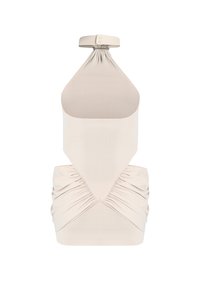 Beige halter top with a buttoned neck strap and ruched fabric details on the sides and front midsection.
