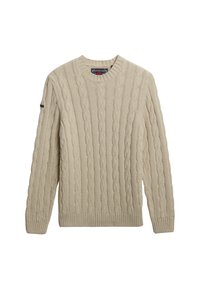 Maglione beige a maglia con collo rotondo, polsini e orlo a coste, caratterizzato da motivi rialzati e una morbida texture.