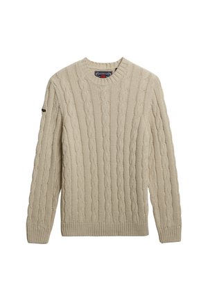 Maglione beige a maglia con collo rotondo, polsini e orlo a coste, caratterizzato da motivi rialzati e una morbida texture.