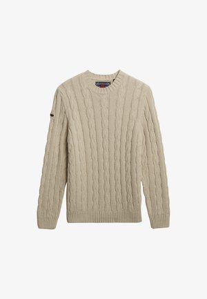 Maglione beige a maglia con collo rotondo, polsini e orlo a coste, caratterizzato da motivi rialzati e una morbida texture.