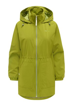 Jasnozielona kurtka przeciwdeszczowa z kapturem, z przednim zamkiem błyskawicznym, elastycznymi mankietami, regulowanymi troczkami i dwoma dużymi przednimi kieszeniami.