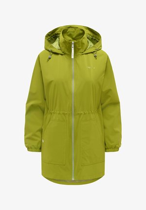 Lys grøn hættetrøje regnjakke med frontlynlås, elastiske manchetter, justerbare snore og to store forlommer.
