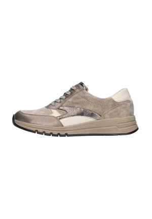 Beige suede sneaker with metallic accents, textured paneling, and contrasting cream details. Features gray laces and a lightweight sole.
