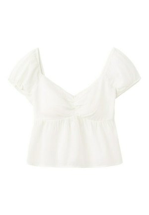 Top corto bianco a maniche corte con scollo ampio e basso e dettaglio arricciato sul busto.