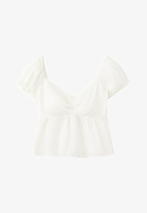 Top crop alb cu mâneci scurte, cu decolteu adânc rotund și detaliu cu adunături la nivelul bustului.