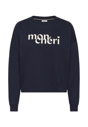 Tumši zila kokvilnas sporta džemperis ar apaļu kakla izgriezumu, noliekamām pleciem un baltu uzrakstu "mon chéri" ar mazu sirds akcentu.