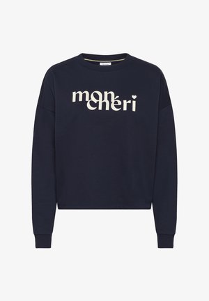 Tumši zila kokvilnas sporta džemperis ar apaļu kakla izgriezumu, noliekamām pleciem un baltu uzrakstu "mon chéri" ar mazu sirds akcentu.