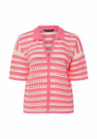 Cardigan lavorato a maglia a righe rosa e crema, con colletto, maniche corte e ritagli circolari su tutto il design.