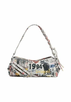 Lille skuldertaske med flettet rem, flerfarvet graffiti-stil print med "1984", "LOVE", en sort kat og ordet "Desigual".