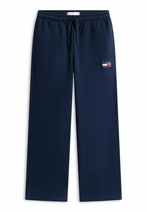 Marineblauwe sweatpants met rechte pijpen, elastische tailleband, trekkoord, zijzakken en Tommy Hilfiger-logo op de linker bovenbeen.
