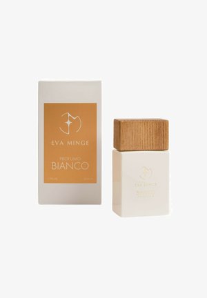 Butelka perfum z białą prostokątną obudową, drewnianą nakrętką i złotą etykietą z napisem "Eva Minge Profumo Bianco". Pudełko ma odpowiadający design.