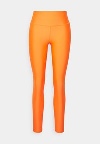 Leggings arancioni realizzati in un tessuto liscio e elastico, con un alto cinturino in vita e una vestibilità attillata, che si estendono fino alla caviglia.