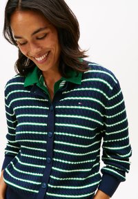 Καρντιγκάν ναυτικού στιλ με πράσινες και λευκές οριζόντιες ρίγες, υφή πλεκτού υλικού και μπροστινό μέρος με κουμπιά σε μπλε χρώμα.