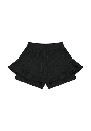 Zwarte shorts met een klinkende zoom, voorzien van subtiele witte streepjes en een elastische tailleband voor comfort. Ontworpen voor casual gebruik.