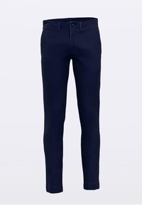 Marineblauwe spijkerbroek met standaard taille, slim fit, knoopsluiting aan de voorkant, vijf zakken en een gladde textuur.