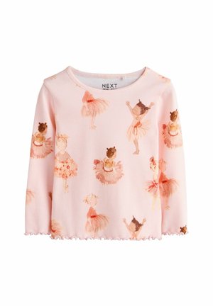 Lyserød langærmet ribbet skjorte med ballerinaer i akvarelstil i forskellige danseposer over det hele.