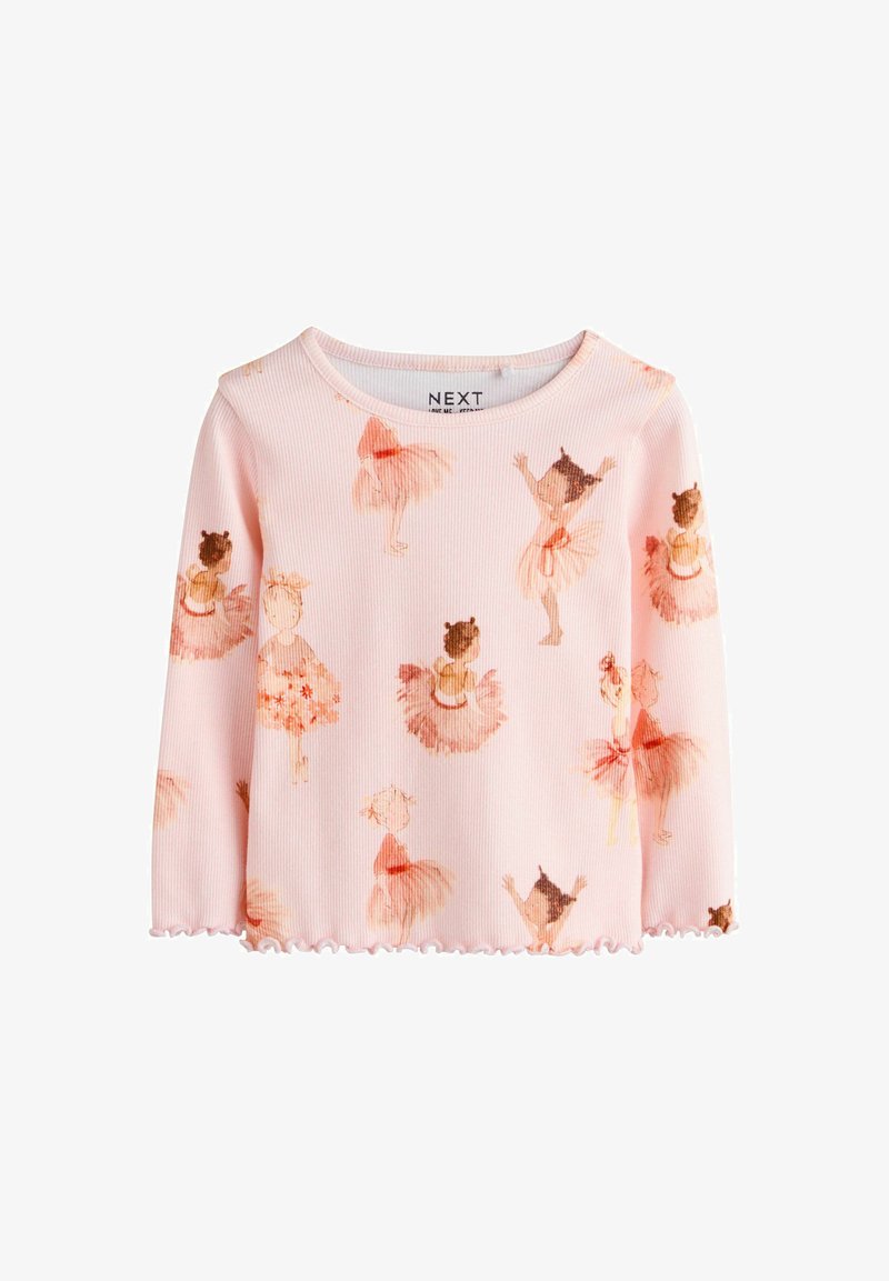 Jasnoróżowa, prążkowana koszulka z długim rękawem, ozdobiona wzorem baletnic w różnych pozach tanecznych, wykonanym w stylu akwareli.