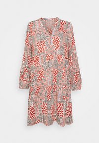 Šaty s dlouhým rukávem, které mají barevný geometrický vzor v červené, černé a krémové barvě. Vyrobené z lehkého materiálu s volným střihem.