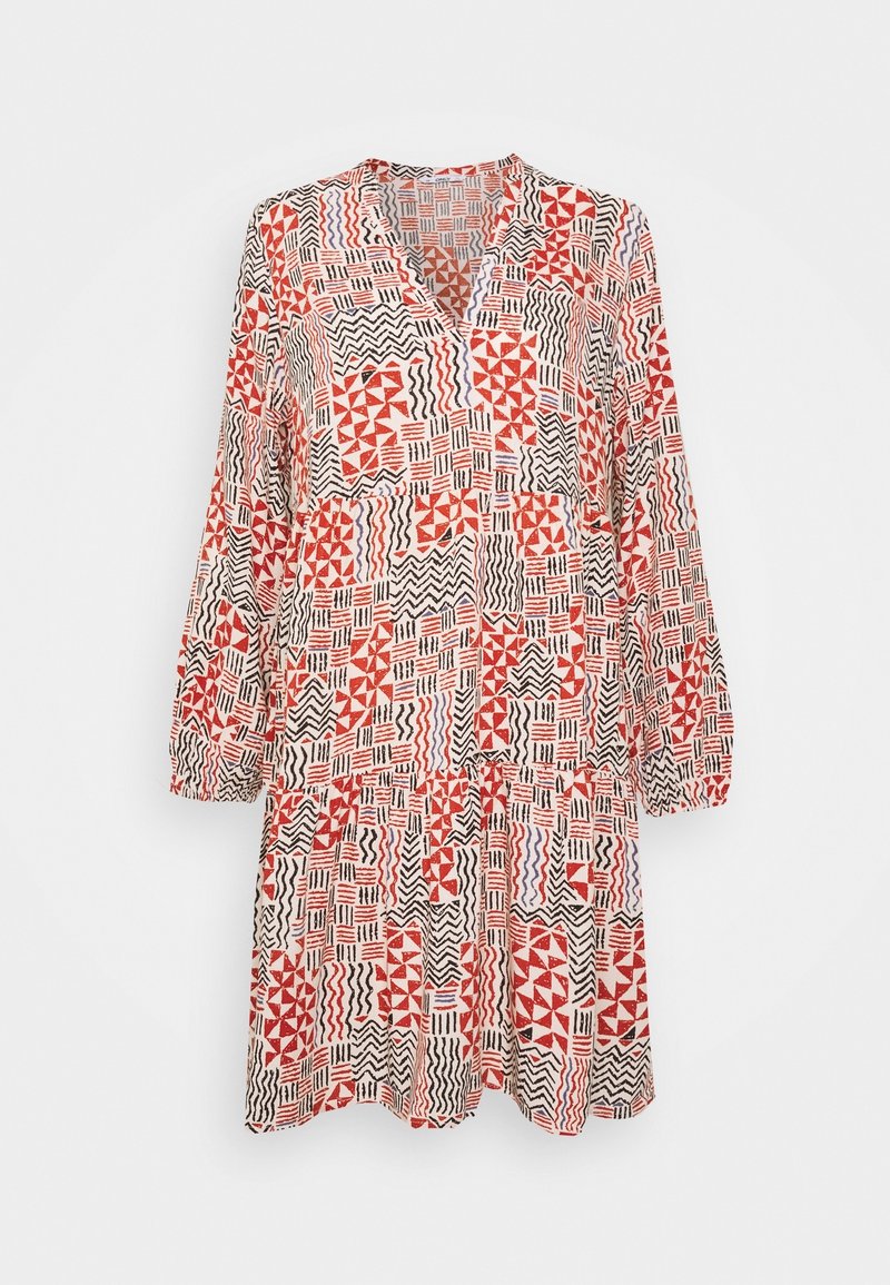 Langärmliges Kleid mit einem mehrfarbigen geometrischen Muster in Rot, Schwarz und Creme. Hergestellt aus leichtem Stoff mit lockerer Passform.