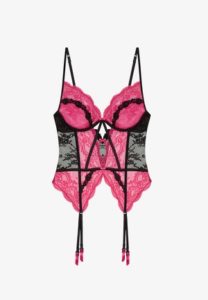 Bustier di pizzo rosa e nero con spalline regolabili, coppe con ferretto, dettagli in pizzo floreale e bretelle porta-giarrettiera con estremità a nastro.