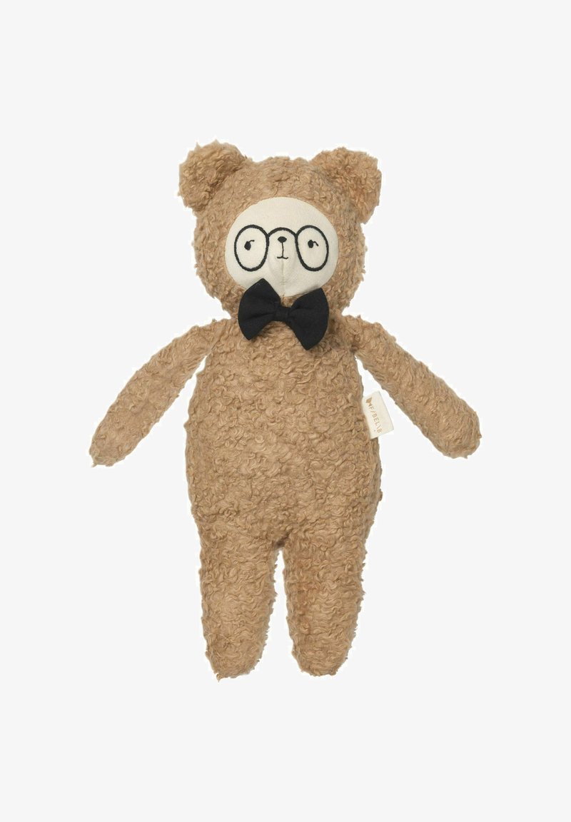 Knuffelbeer van pluche, krullende beige stof; heeft een crèmekleurig gezicht met een bril, zwarte strik, en geborduurde gezichtsdetailleringen.