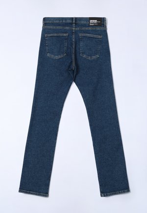 Modré džíny z denimu se slim fit střihem, s výškou pasu střední, pěti kapsami a kontrastním šitím podél švů.