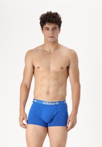 Blå bomull boxershorts med elastisk midje og hvit "adidas"-logo. Glatt tekstur, tett passform og ingen synlige mønstre.