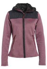 Bordowa polarowa kurtka z czarną pikowaną nylonową górą, z pełnym zamkiem z przodu, dwoma bocznymi kieszeniami na zamek oraz kapturem wyłożonym miękkim materiałem.