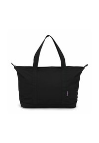 Zwarte totebag van duurzaam materiaal, met twee stevige handvatten, een ritssluiting en een ruime hoofdcompartiment. Vlakke basis voor stabiliteit.