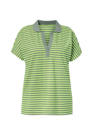 Polo a righe verdi e grigie con design a V, maniche corte e una texture morbida. Presenta strisce orizzontali alternative.