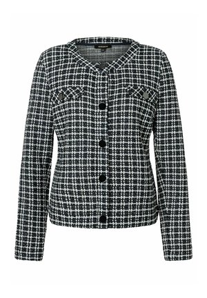 Black and white checkered jacket with long sleeves, button front, two chest pockets, and a round neckline. Made from textured fabric.