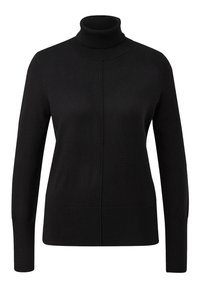 Schwarzer, langärmeliger Rollkragenpullover aus weichem Strickmaterial, mit einem taillierten Design und einer Naht in der Mitte vorne.