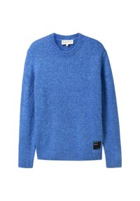 Blauer Strickpullover mit Rundhalsausschnitt, gerippten Bündchen und Saum. Verfügt über ein kleines schwarzes Etikett auf der unteren linken Seite. Weicher, strukturierter Stoff.