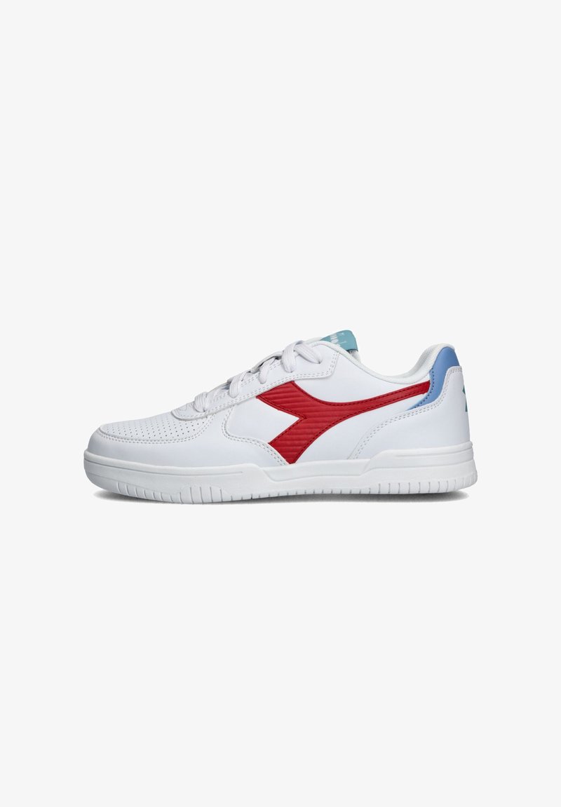 White sneakers made of leather with a textured red accent and blue heel. Features a lace-up design and a patterned sole.