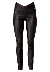 Black faux leather leggings with a high, cross-over waist, slim fit, and flat seams. Smooth texture with a sleek, modern design.