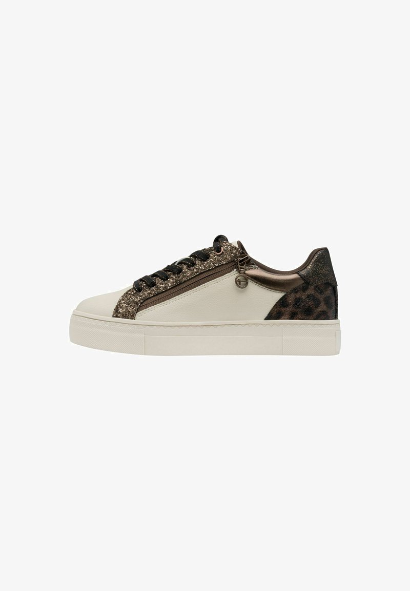 Sneaker bianco con accenti beige glitterati, lacci neri e un pannello a stampa leopardata; suola in gomma testurizzata; presenta una zip decorativa.