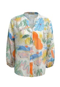 Kurzarmpulloverhemd aus leichtem Stoff mit einem bunten Tropenmuster, das Autos, Blumen und Sonnenmotive in Pastelltönen zeigt.